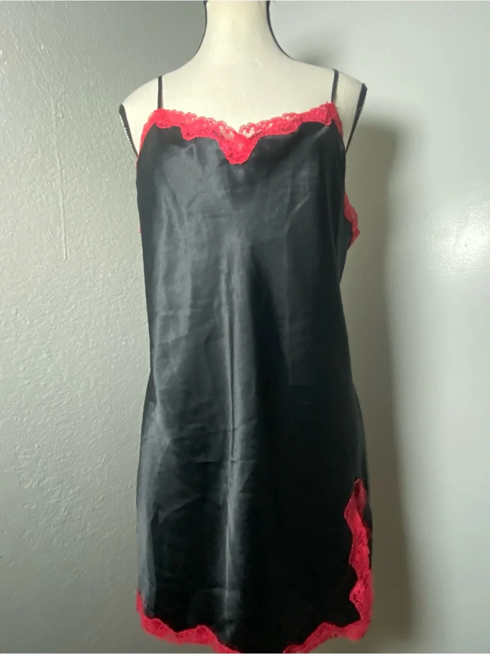 Y2K Victoria’s Secret Black Satin & Red Lace Slip Dress Size Large